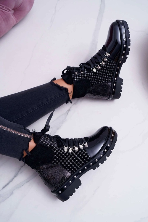 Botki Damskie Płaski Obcas Czarne Farell