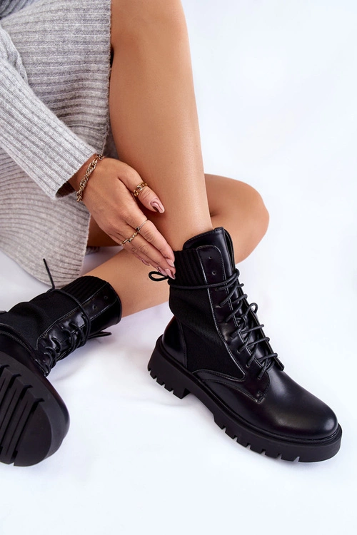Skórzane Skarpetkowe Botki Sznurowane Czarne Riston