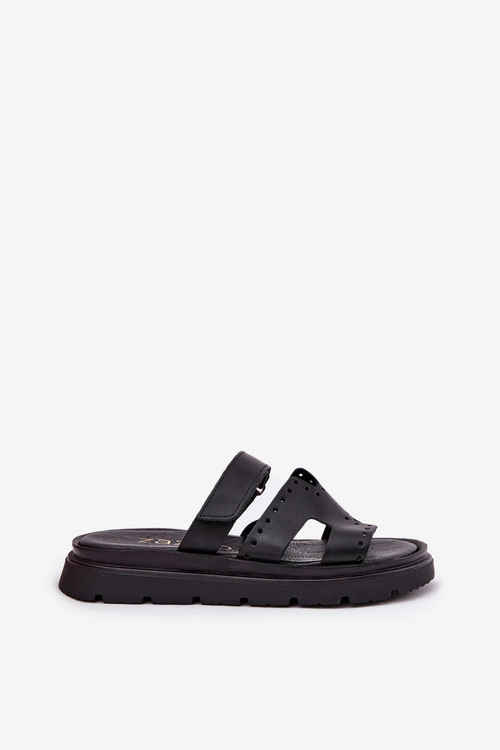 Klapki Damskie Z Naturalnej Skóry Na Platformie Zazoo 40440 Czarne