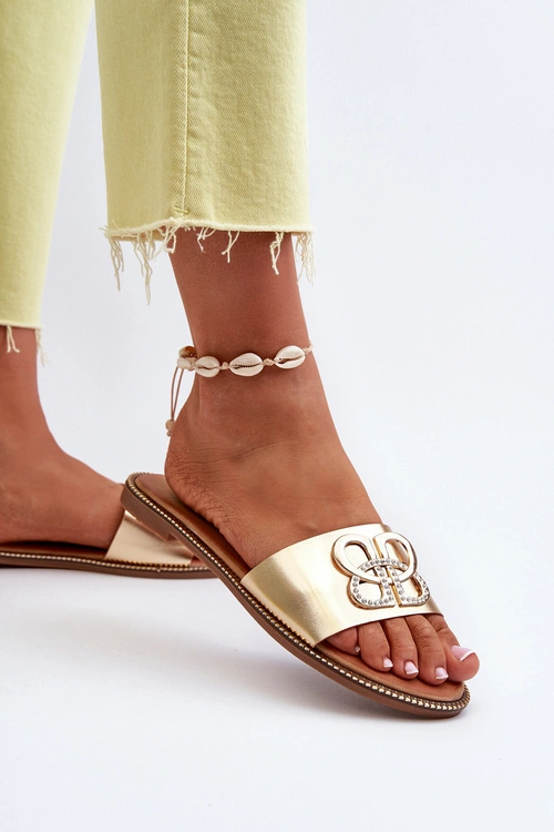 Klapki Damskie Z Ozdobą Eko Skórzane Na Płaskim Obcasie Złote Sadria