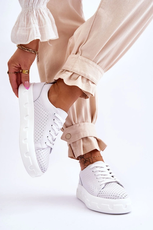 Skórzane Buty Sportowe Na Masywnej Platformie Białe Montigo