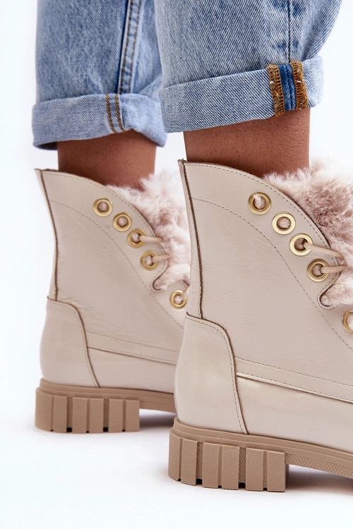 Skórzane Botki Damskie Z Futerkiem Jasnobeżowe Lewski 3296