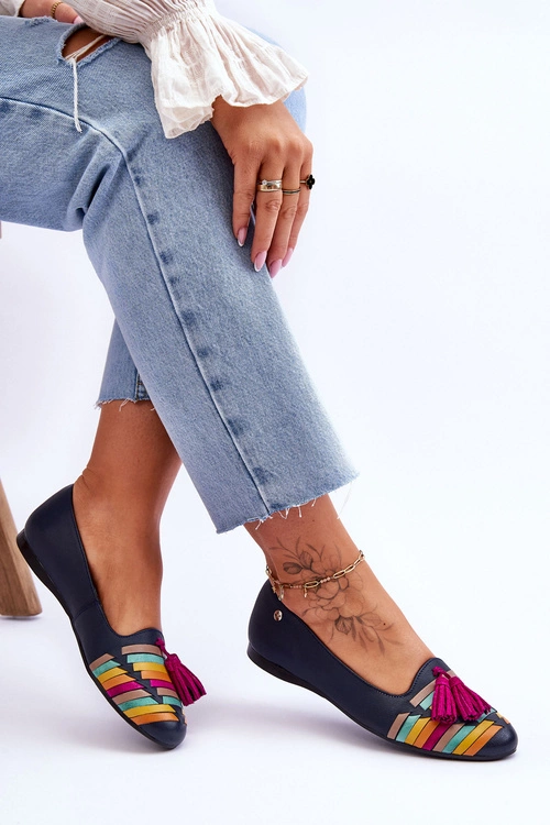 Skórzane Baleriny Z Frędzlami Maciejka 04016-17 Granatowe