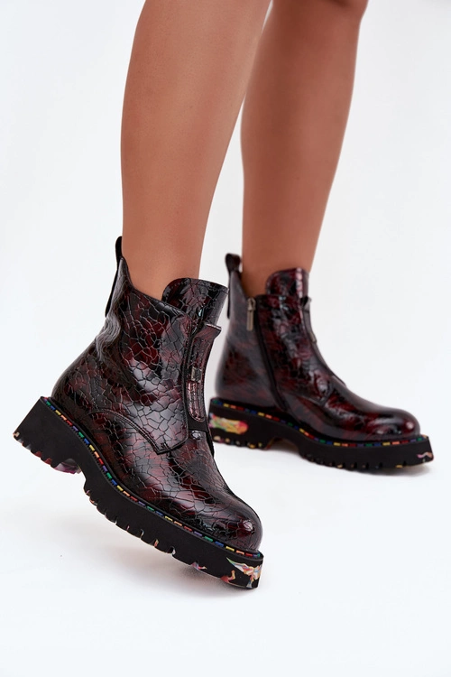 Lakierowane Botki Damskie Z Naturalnej Skóry Ocieplane Artiker 57C0165 Bordowe