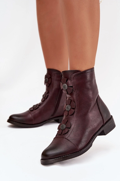 Ocieplane Botki Damskie Na Płaskim Obcasie Z Ozdobnymi Kwiatkami Bordowe Pravienne