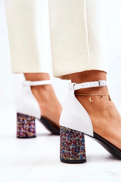 Skórzane Sandałki Na Słupku Czarno-Białe Lorene