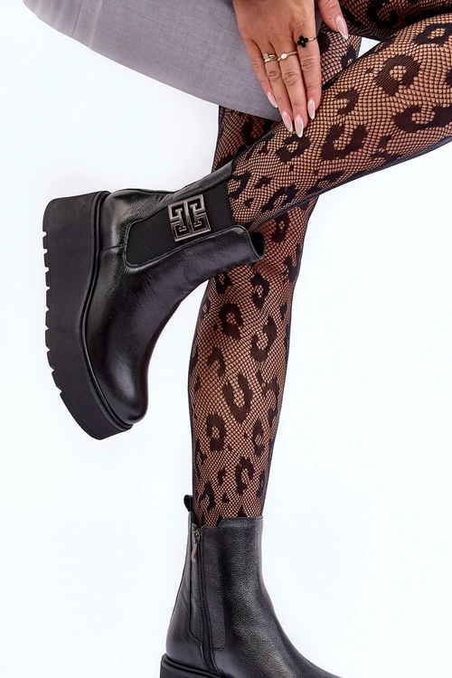 Damskie Skórzane Botki Na Masywnej Platformie Czarne Lemar Savira