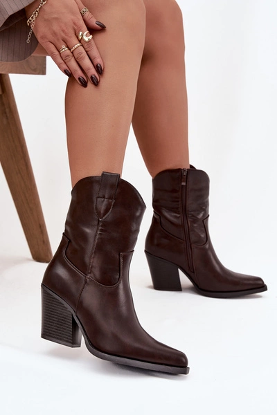 Botki Kowbojki Damskie Eko Skórzane Na Słupku Czekoladowe Morelia