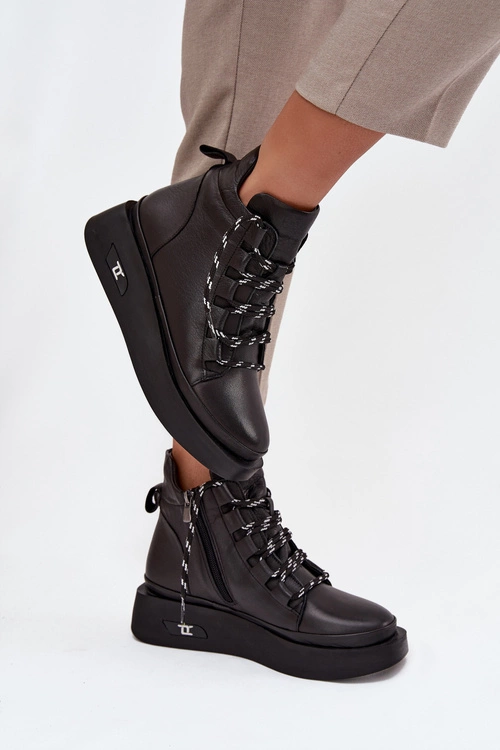 Skórzane Botki Damskie Na Platformie Ocieplane Artiker 55C0809 Czarne