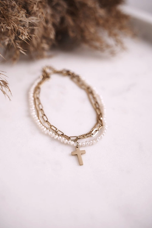 Bransoletka Łańcuszek z Perełkami i Krzyżykiem Złota Kari