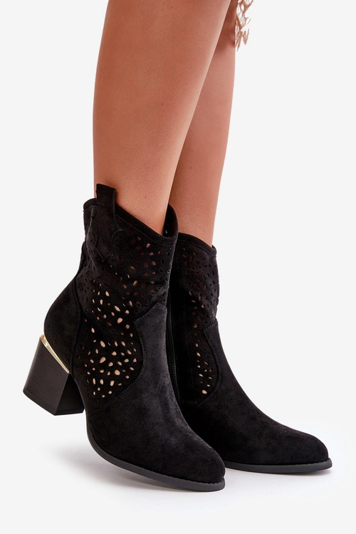 Ażurowe Botki Na Słupku Z Eko Zamszu Zapinane Na Zamek Czarne Sevana