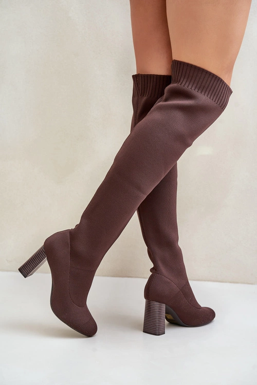 Kozaki Ze Skarpetkową Cholewką Za Kolano Na Słupku Brązowe Esanira