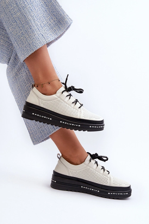 Skórzane Półbuty Damskie Na Platformie S.Barski LR769A Beżowe