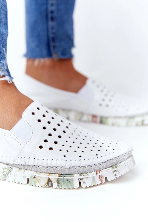 Ażurowe Skórzane Tenisówki Półbuty Slip-On Maciejka Białe 03512B-11