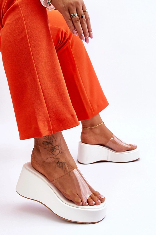 Damskie Transparentne Klapki Na Koturnie Białe Eliane