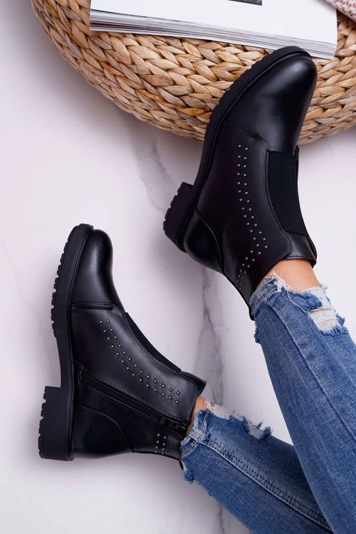 Botki Damskie Płaski Obcas Nity Czarne Sergio Leone BT519