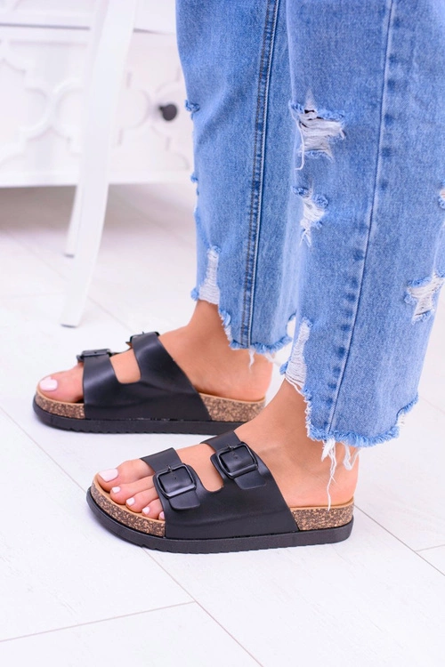 Damskie Czarne Klapki Z Klamrami Na Korku Ferone