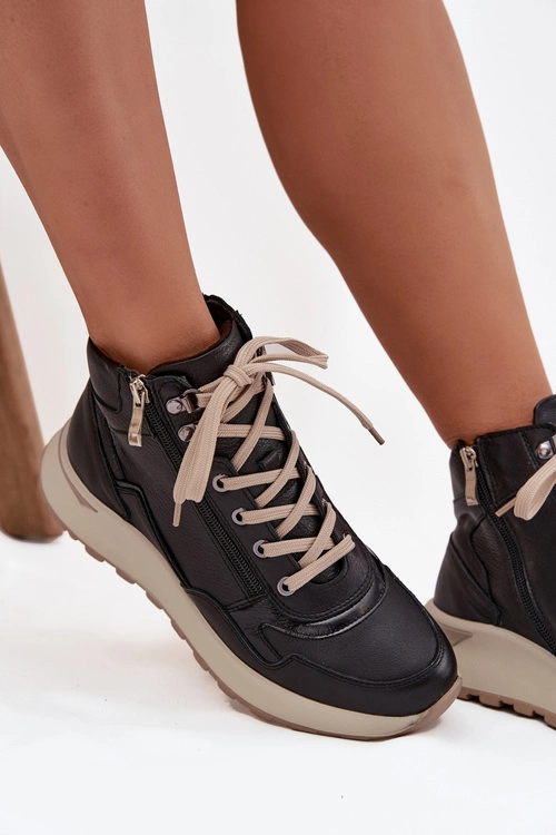 Botki Sportowe Damskie Na Platformie Z Naturalnej Skóry Zazoo Z1239 Czarne