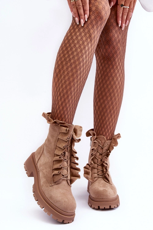 Zamszowe Ocieplane Botki Workery Na Płaskim Obcasie Beżowe Nacelle