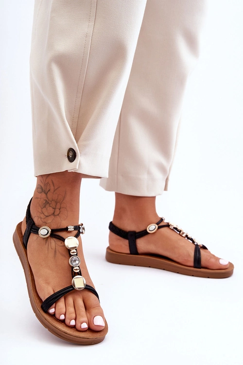 Damskie Sandały z Ozdobami Czarne Kushi