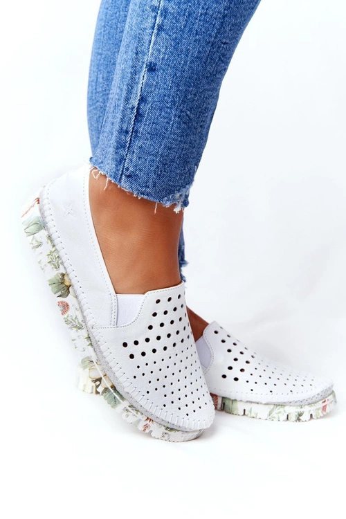 Ażurowe Skórzane Tenisówki Półbuty Slip-On Maciejka Białe 03512B-11