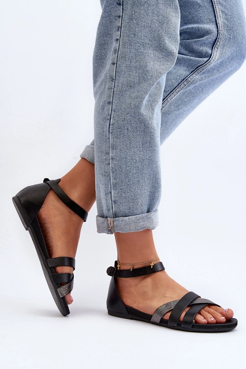Zazoo 40225 Skórzane Sandały Na Płaskim Obcasie Czarne