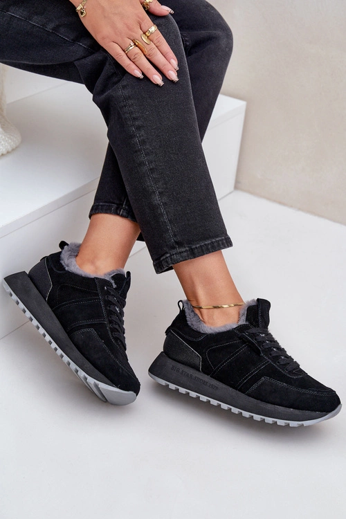 Zamszowe Sneakersy Damskie Z Futerkiem I Błyszczącym Elementem Big Star OO274580 Hi-Poly System Czarne