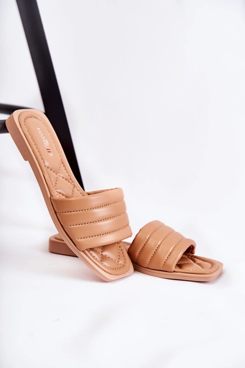 Damskie Skórzane Klapki Z Pikowaniem Ciemnobeżowe Raula