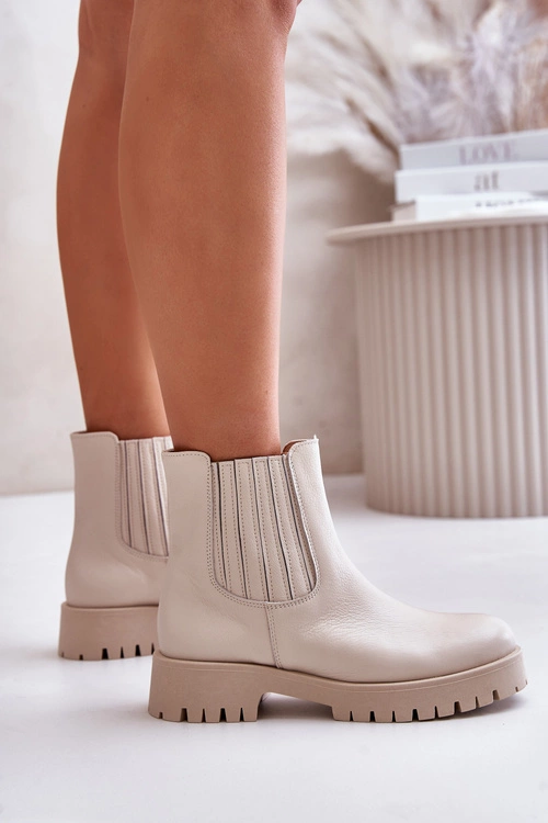 Wsuwane Botki Damskie Na Płaskim Obcasie Skórzane Lewski 3611 Jasnobeżowe