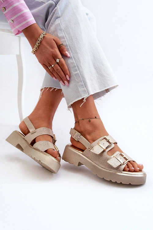 Sandały Damskie Z Klamrami Eko Skórzane Złote Konanttia