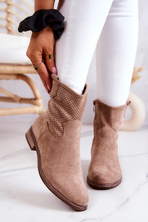 Zamszowe Damskie Ażurowe Botki Beżowe Lemar