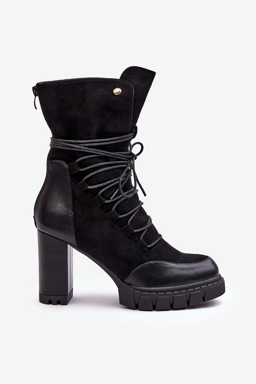 Damskie Botki Na Słupku Z Wiązaniem Czarne Artie