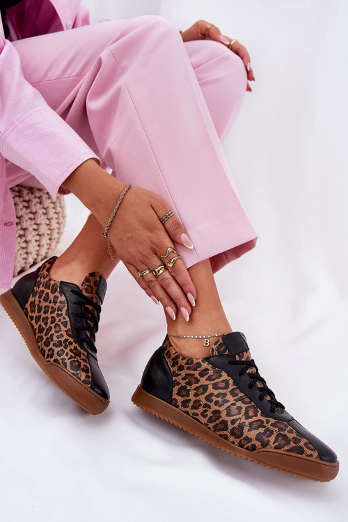 Skórzane Buty Sportowe Damskie W Panterkę Laura Messi 2935 Brązowe