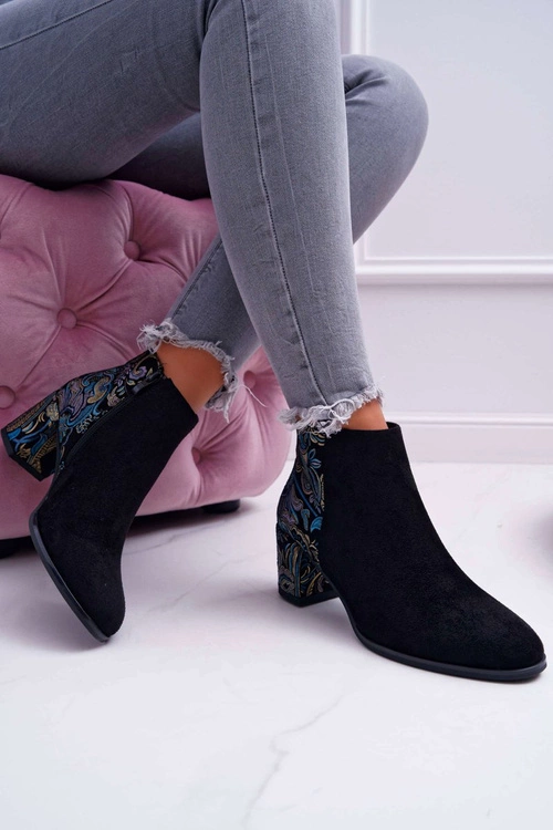 Botki Damskie Na Słupku Sergio Leone W Kwiaty Folk Czarne Eros2