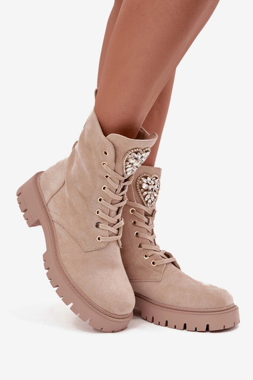 Botki Workery Damskie Z Kryształkami Na Języku Jasnobeżowe Rosira