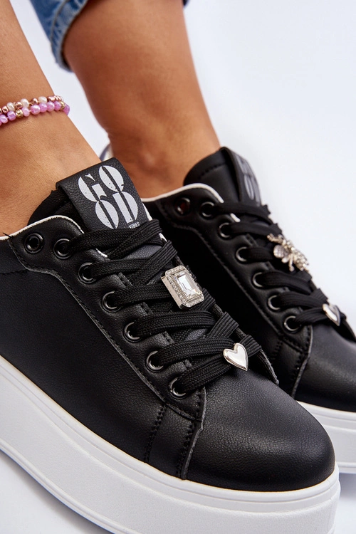 Sneakersy Damskie Na Platformie Z Ozdobami Czarne Herbisa