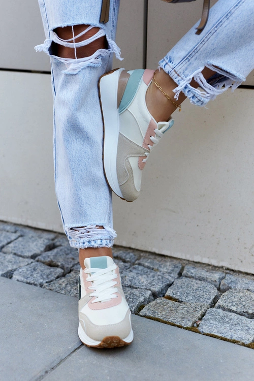 Skórzane Buty Sportowe Wiązane Beżowo-Zielone Coryse