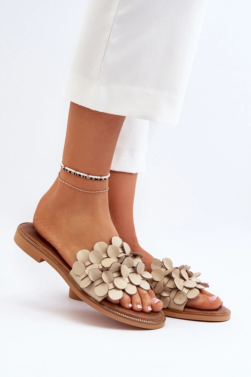 Zazoo 40381 Damskie Skórzane Klapki Na Płaskim Obcasie Beżowe