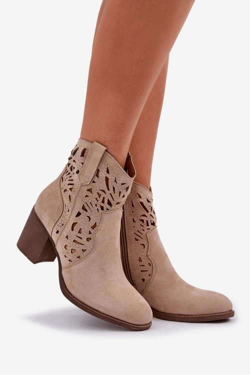 Ażurowe Botki Na Słupkowym Obcasie Beżowe Nurissa