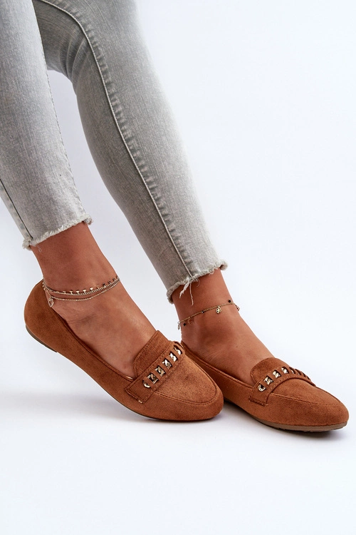 Błyszczące Mokasyny Damskie Z Łańcuchem Camel Aredilla