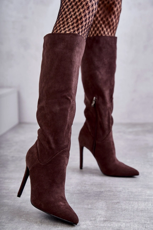 Klasyczne Zamszowe Kozaki Na Szpilce Brązowe Ameya