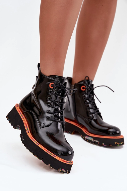 Botki Damskie Z Lakierowanej Skóry Naturalnej Ocieplane Artiker 57C0061 Czarne