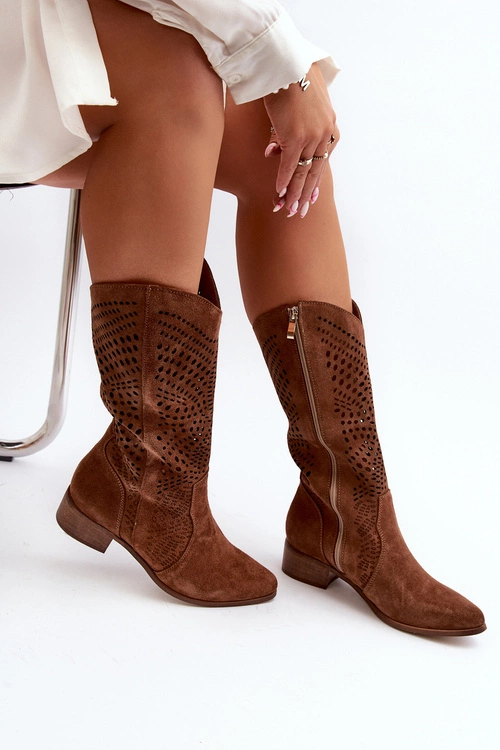 Zazoo 3305/P Zamszowe Kozaki Do Połowy Łydki Ażurowe Brązowe
