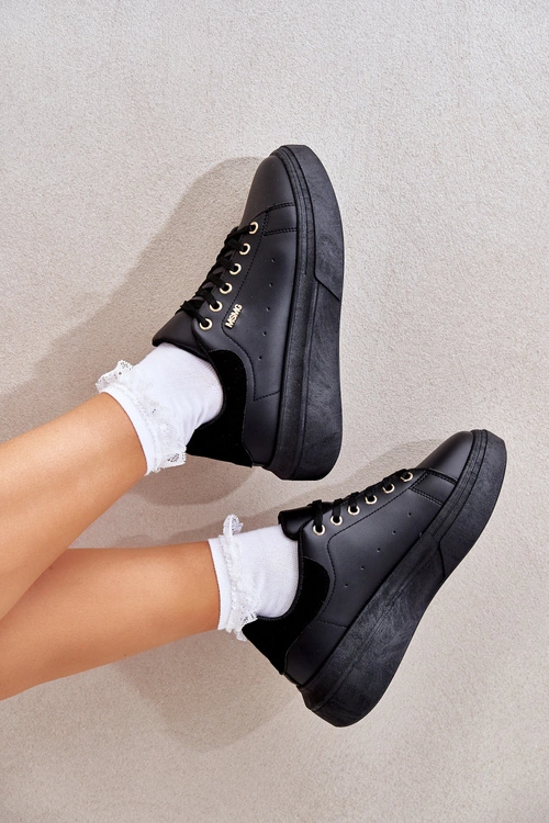 Sneakersy Damskie Na Platformie Eko Skóra Czarne Lelandine