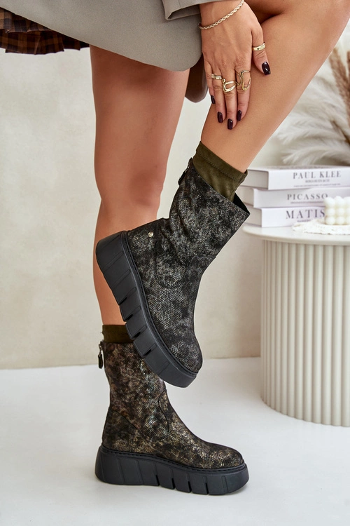 Skórzane Botki Damskie Na Masywnej Platformie Maciejka 06766-09 Khaki