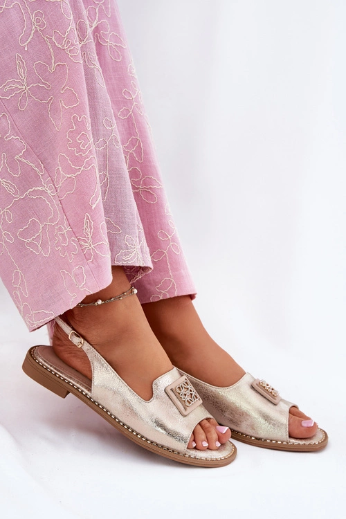 Eleganckie Sandały Damskie Na Płaskim Obcasie Z Ozdobą S.Barski KV51-082 Złote