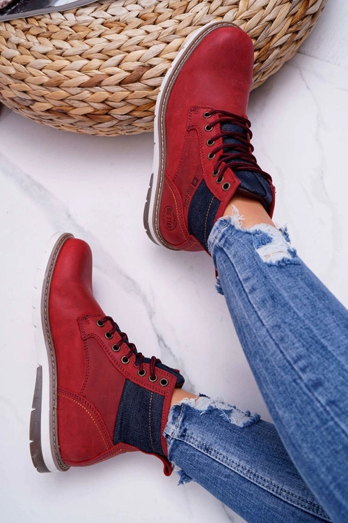 Damskie Botki Trapery Big Star Skórzane Bordowe EE274006