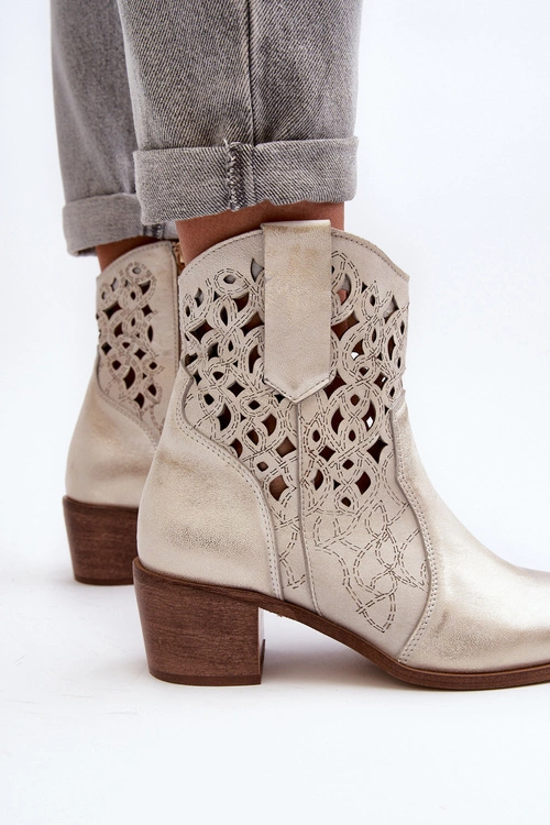 Zazoo 3394 Damskie Botki Na Obcasie Ażurowe Złote