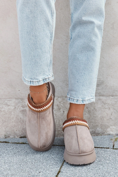 Śniegowce Damskie Niskie Z Ruchomym Paskiem I Haftem Na Platformie Ciemnobeżowe Lyrisse