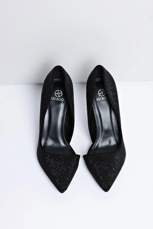 Szpilki Damskie Czarne Zamszowe Cyrkonie Asymetryczne Santee